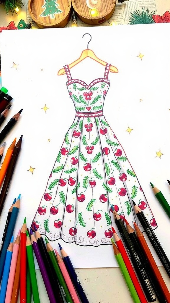 A sketch of a Christmas dress with holiday patterns, surrounded by art supplies.